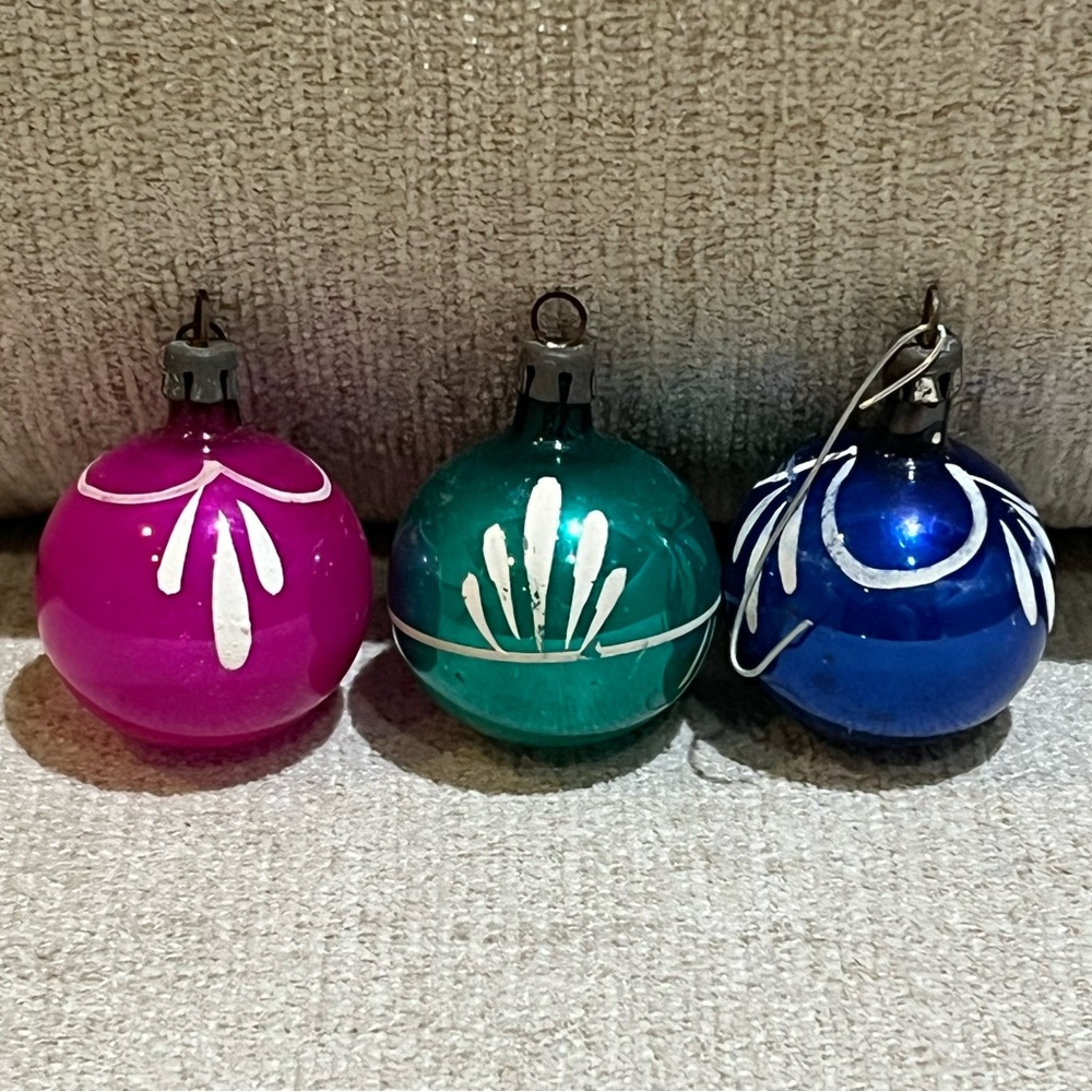 Antique Mini Hand Painted Glass Ornaments Lot of 3
